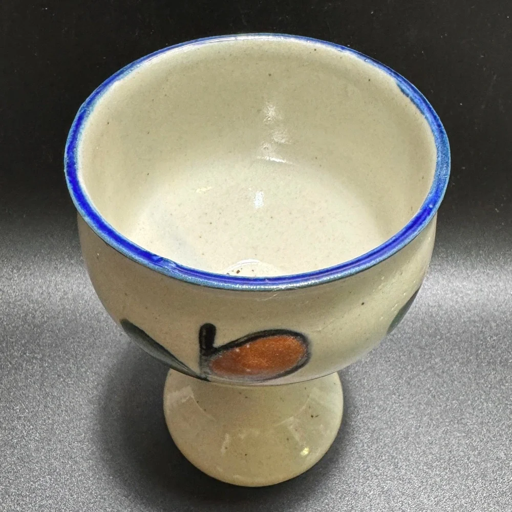 Vintage Pottery Goblet Hand Painted Fruit Speckle Glaze Cobalt Blue Rim Folk Art